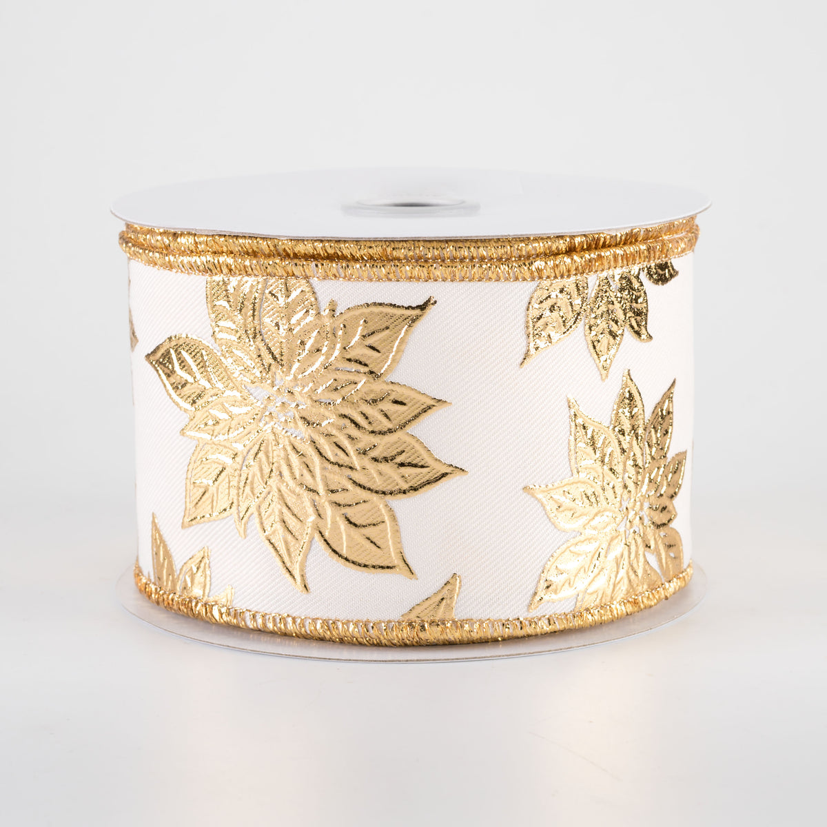 2.5" Metallic Poinsettia Ribbon: Gold on Ivory (10 Yards)
