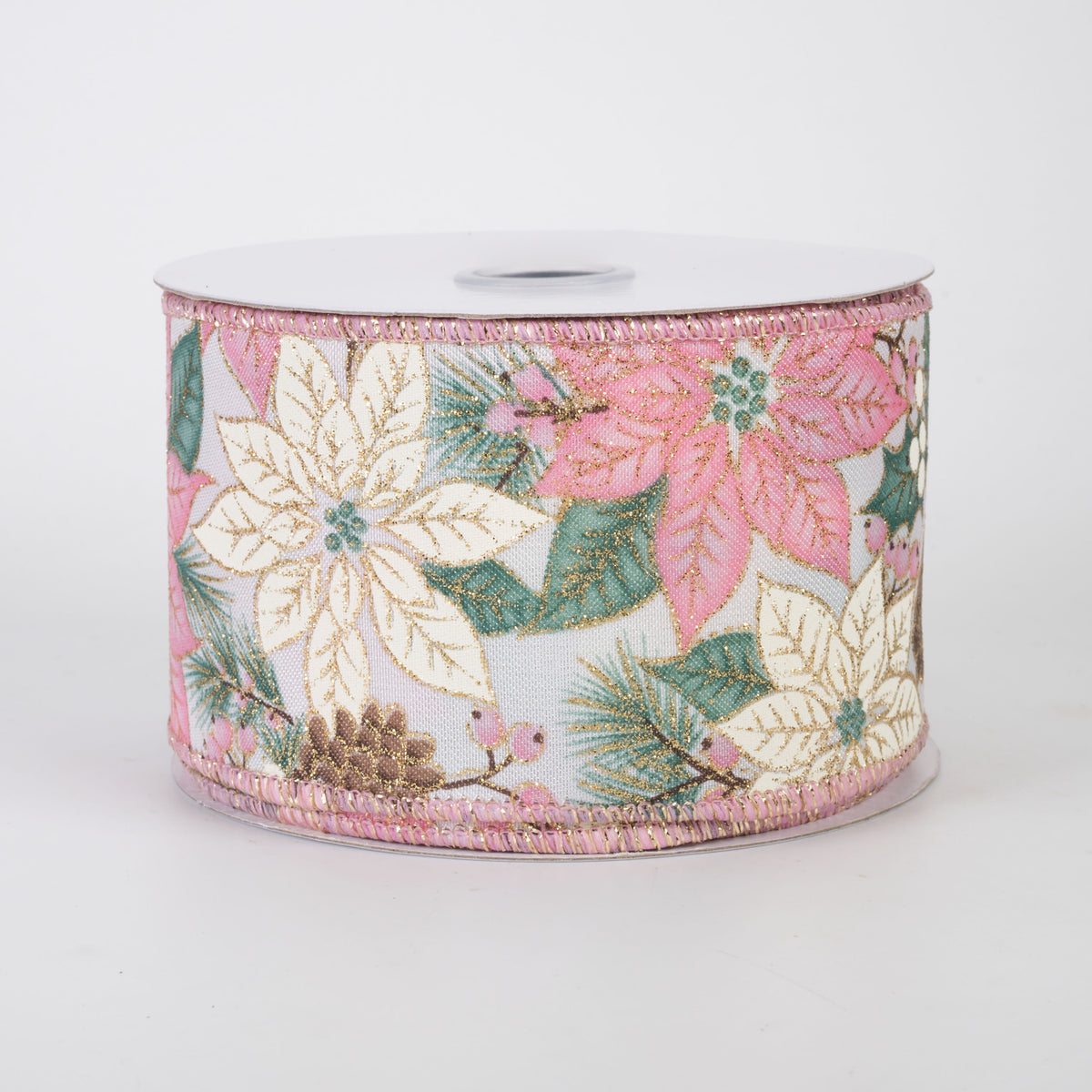 2.5" Poinsettias & Pinecones Ribbon: Pink & Ivory (10 Yards)