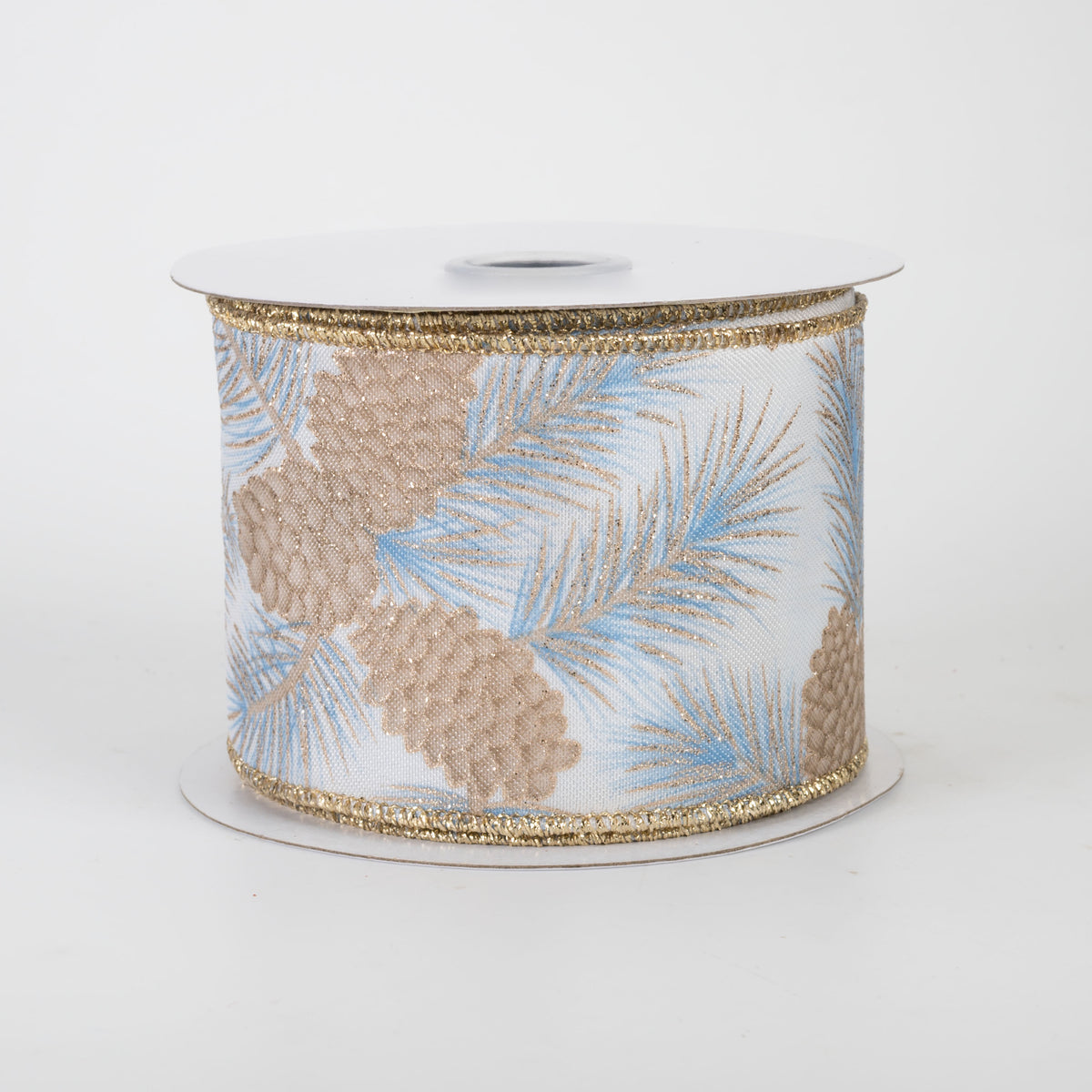 2.5" Pinecones & Branches Ribbon: Blue & Champagne (10 Yards)