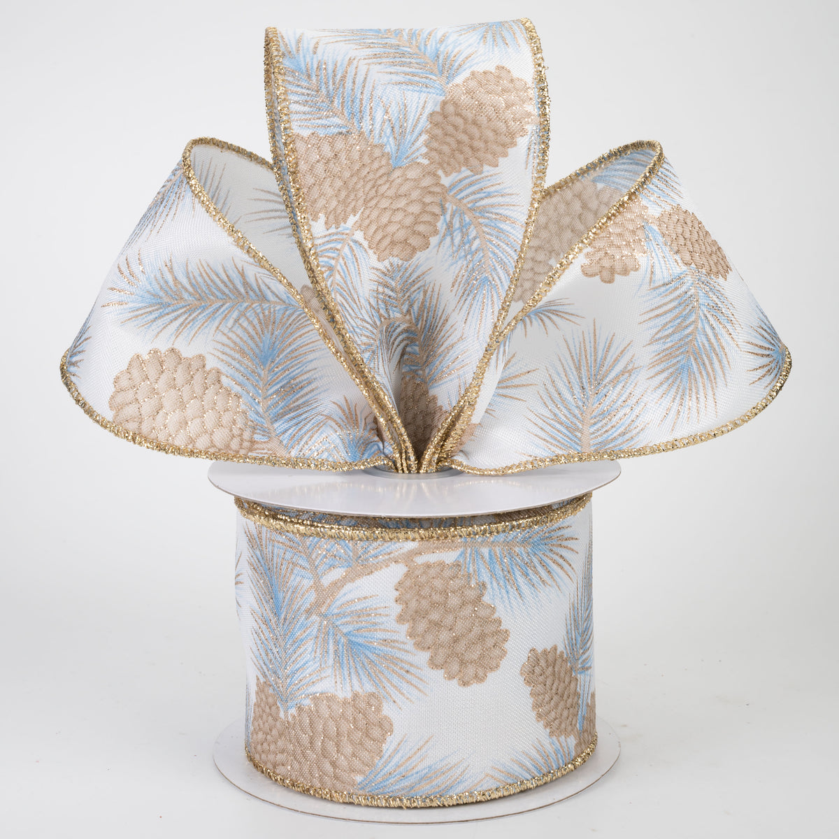 2.5" Pinecones & Branches Ribbon: Blue & Champagne (10 Yards)
