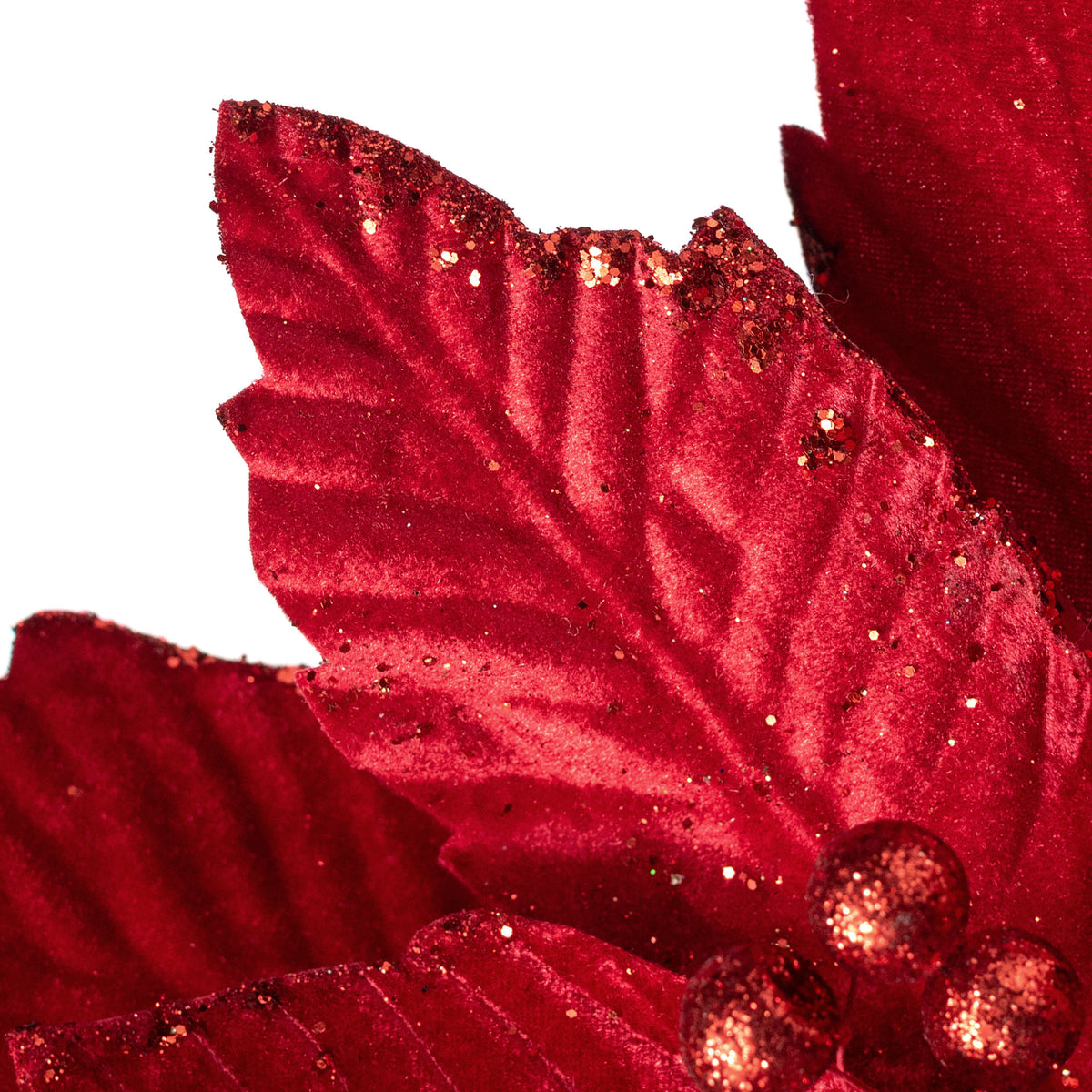 14" x 17" Glittered Velvet Poinsettia Stem: Red