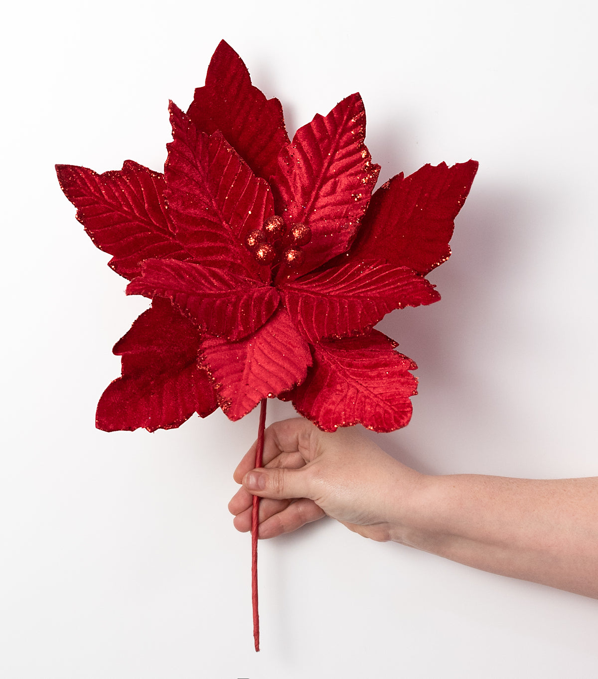 14" x 17" Glittered Velvet Poinsettia Stem: Red