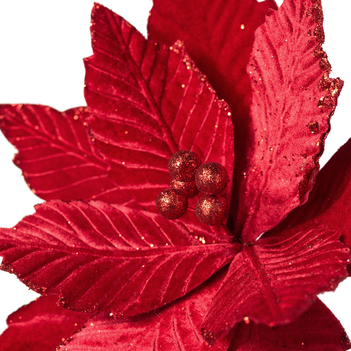 14" x 17" Glittered Velvet Poinsettia Stem: Red