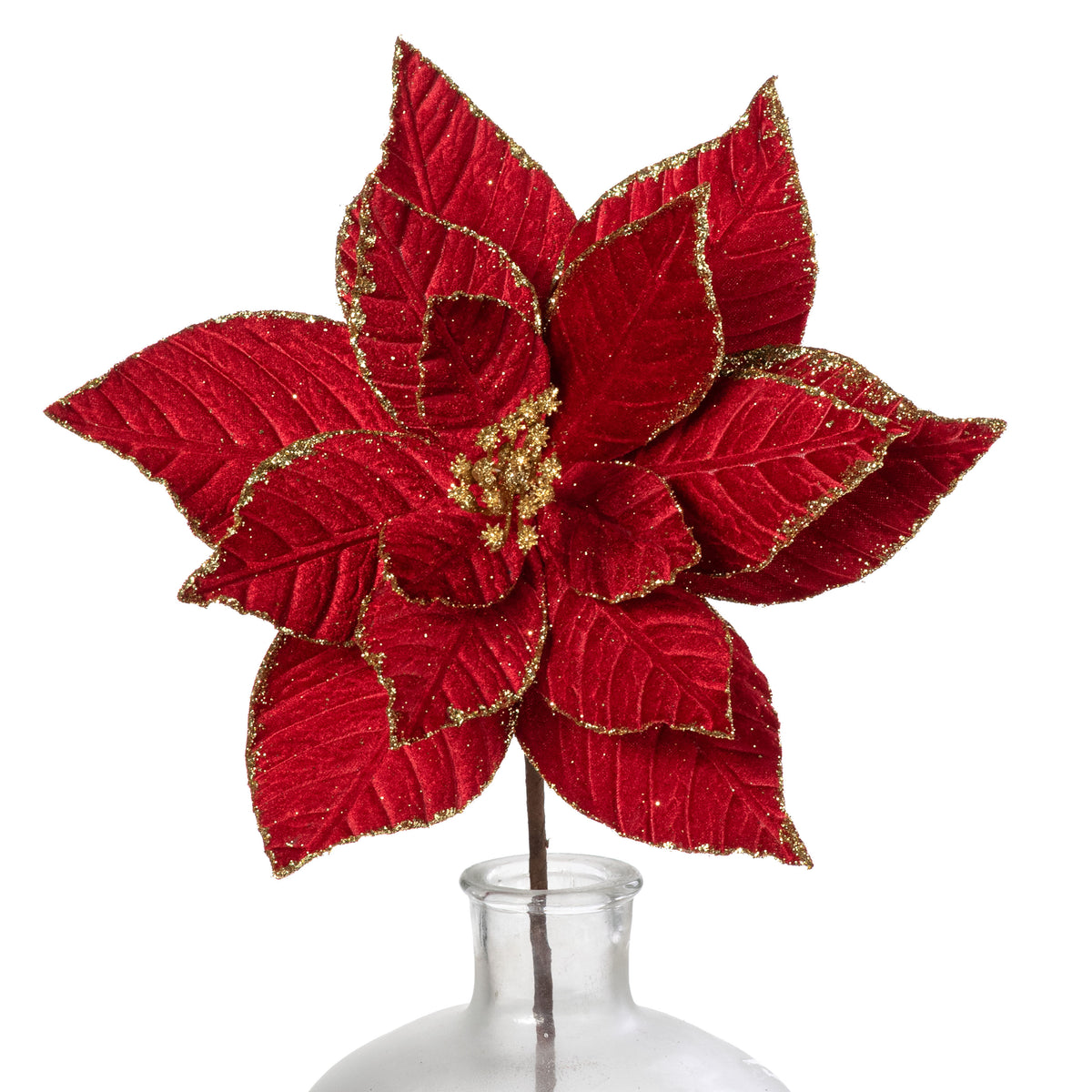 11.5" x 25" Glittered Velvet Poinsettia Stem: Red & Gold
