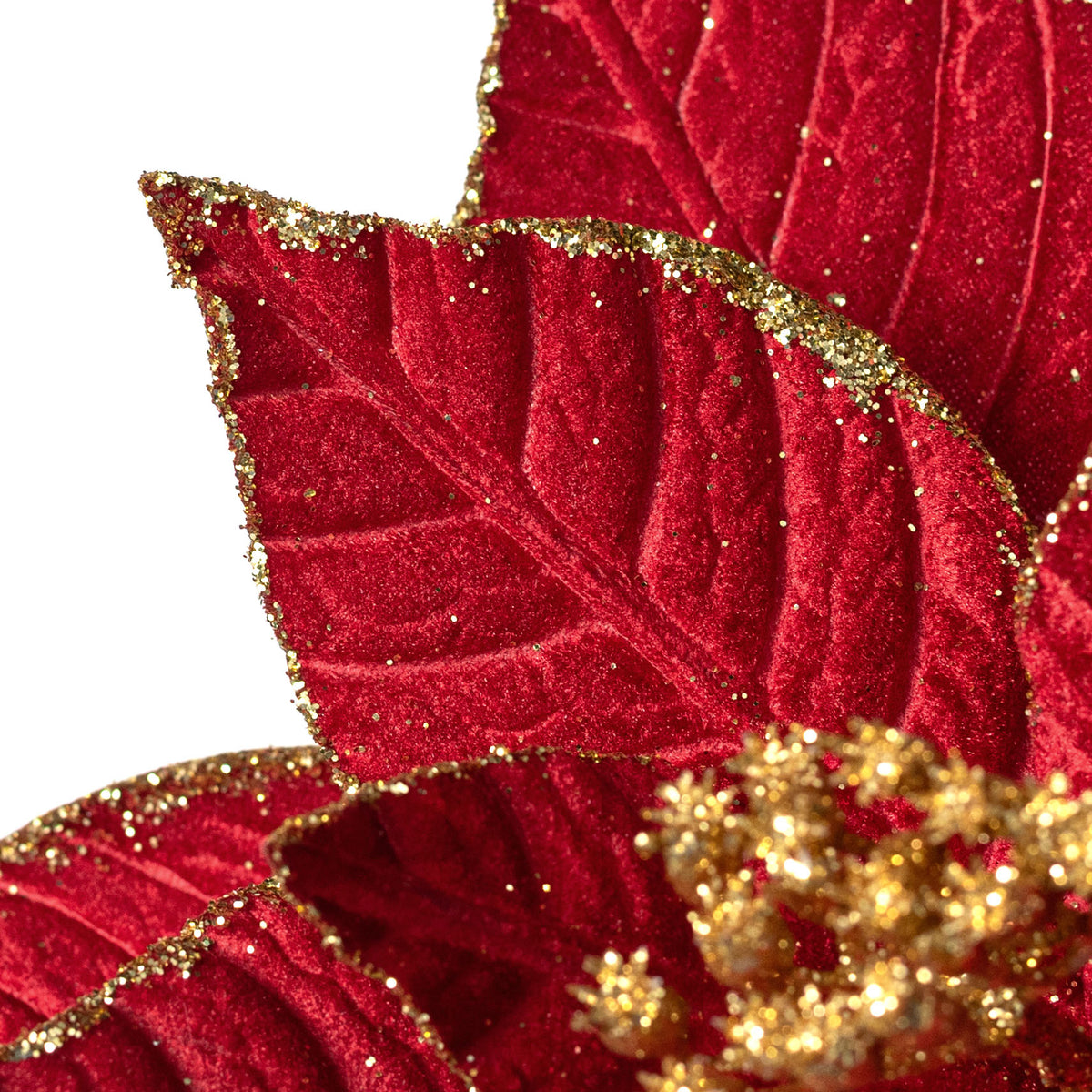 11.5" x 25" Glittered Velvet Poinsettia Stem: Red & Gold