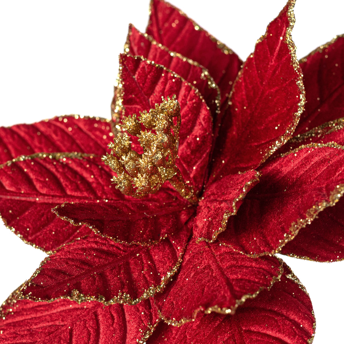 11.5" x 25" Glittered Velvet Poinsettia Stem: Red & Gold