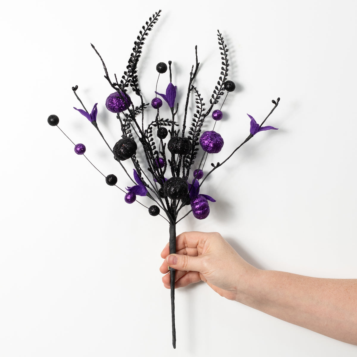 17" Glitter Pumpkins, Balls & Ferns Pick: Purple & Black