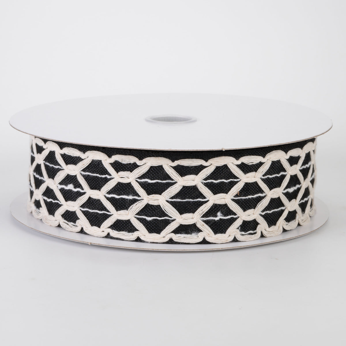 1.5" Ivory Scalloped Weave on Linen Ribbon: Black (10 Yards)