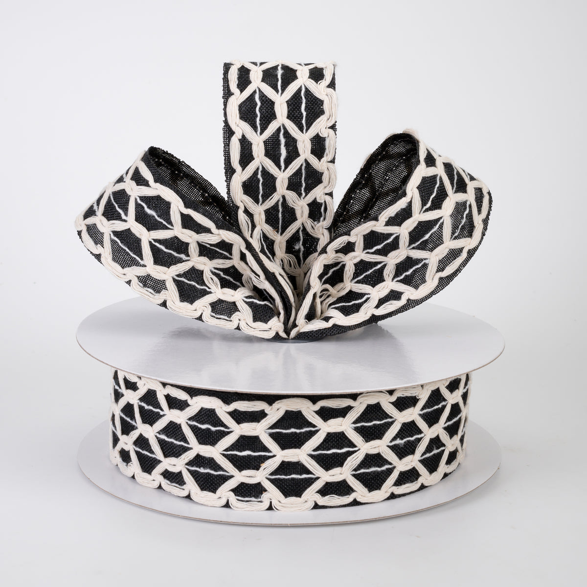1.5" Ivory Scalloped Weave on Linen Ribbon: Black (10 Yards)