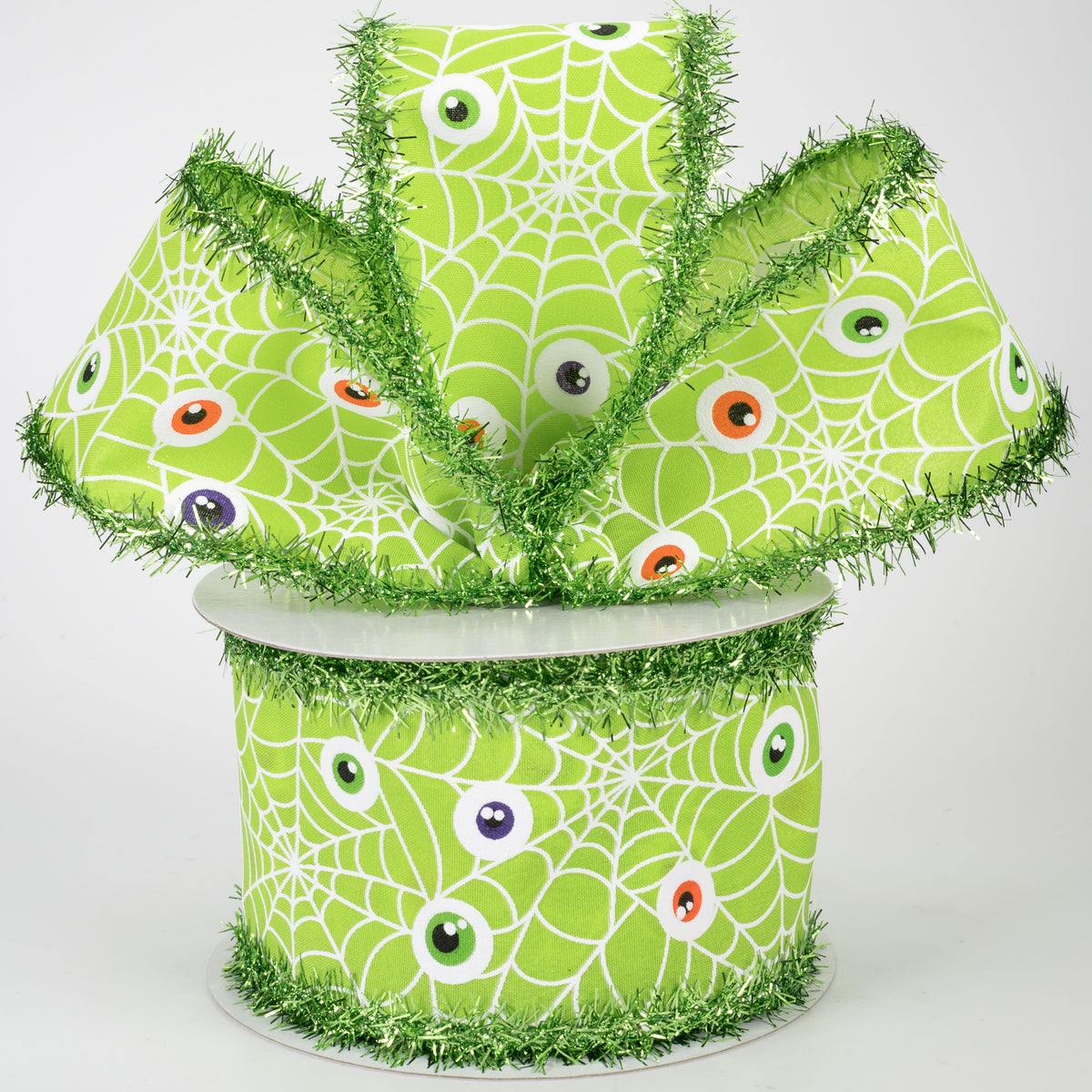 2.5" Tinsel Edge Monster Eyeballs in Spiderweb Ribbon: Lime Green (10 Yards)
