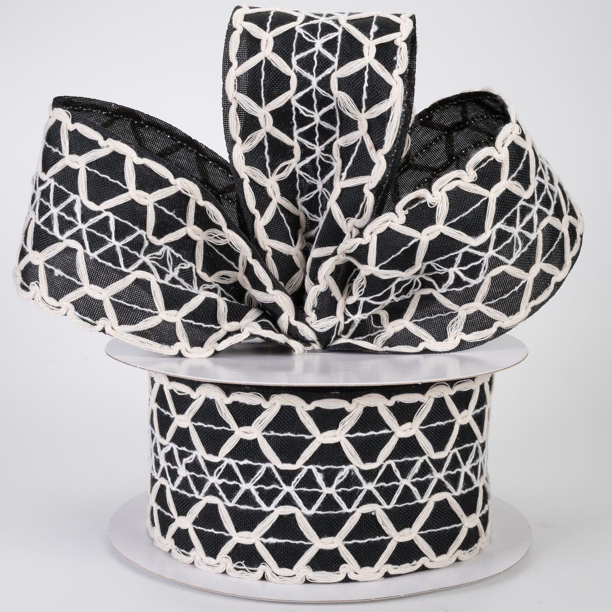 2.5" Ivory Scalloped Weave on Linen Ribbon: Black (10 Yards)