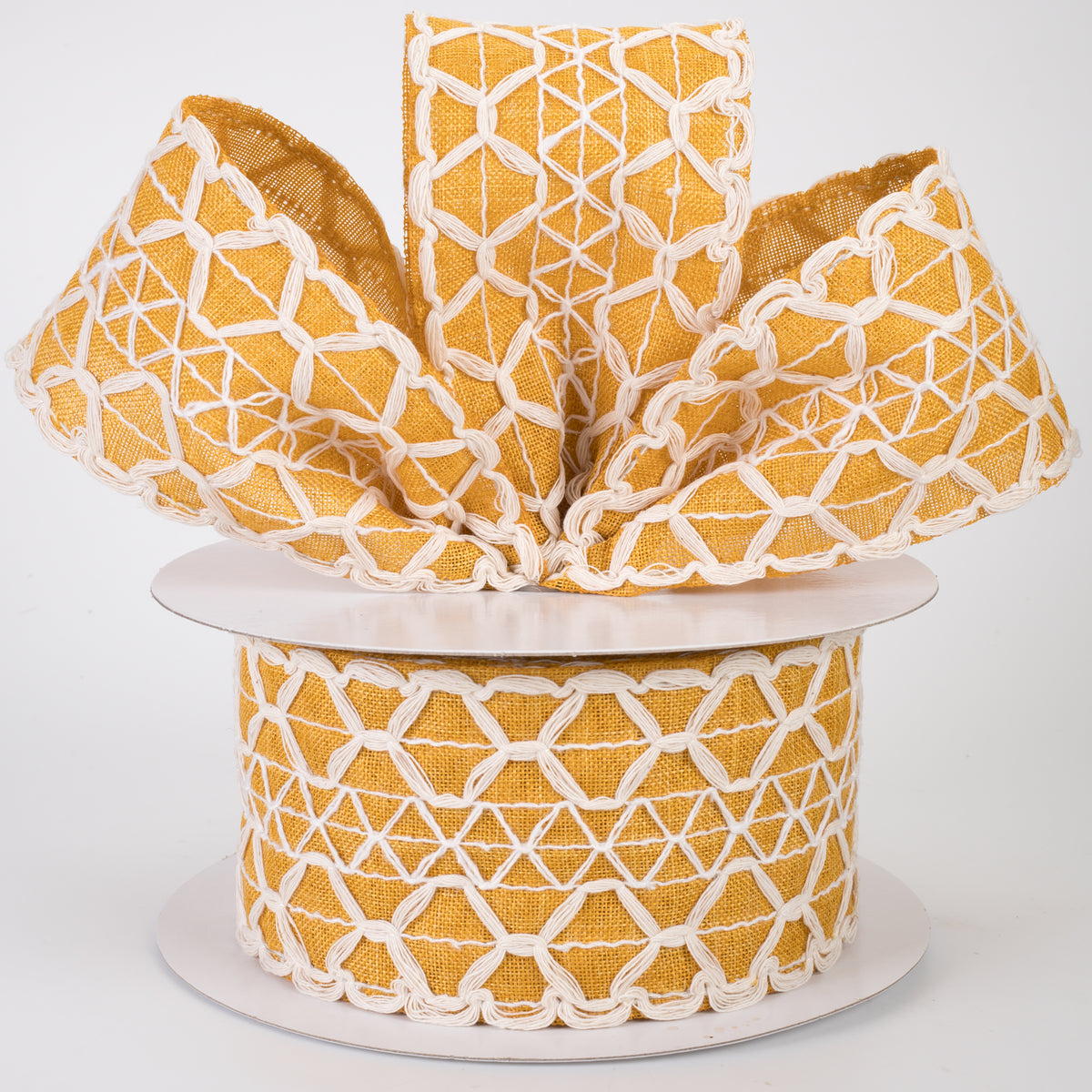 2.5" Ivory Scalloped Weave on Linen Ribbon: Sunflower Yellow (10 Yards)