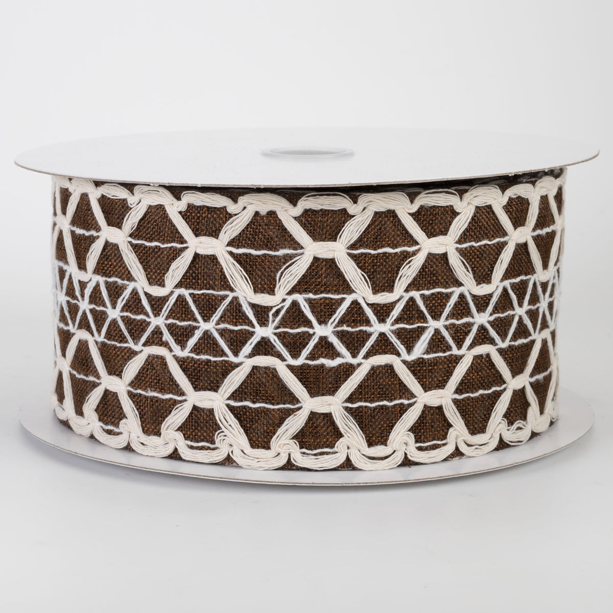 2.5" Ivory Scalloped Weave on Linen Ribbon: Dark Brown (10 Yards)