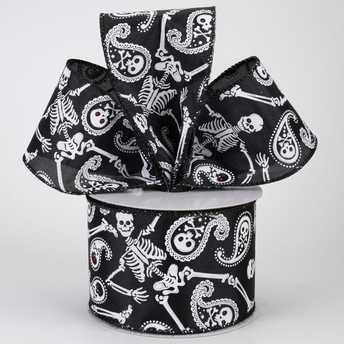 2.5" Skull & Bones Paisley Ribbon: White on Black (10 Yards)