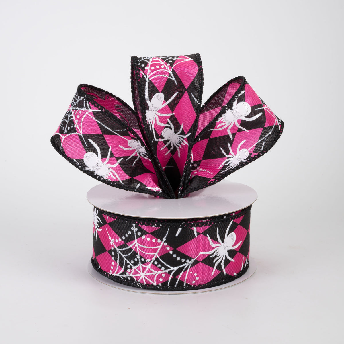 1.5" Spiderwebs on Harlequin Ribbon: Fuchsia Pink & Black (10 Yards)