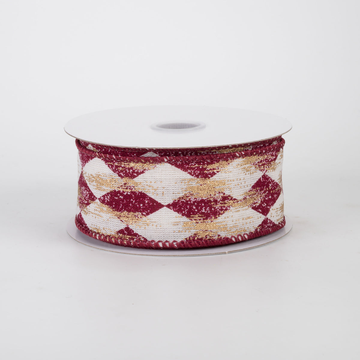 1.5" Canvas Harlequin Gold Painted Ribbon: Cream & Burgundy (10 Yards)