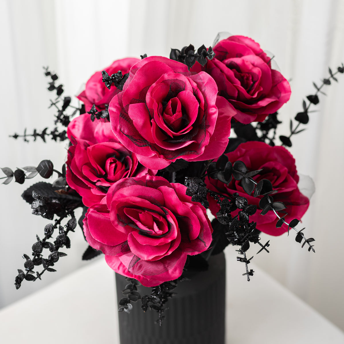 20" Rose & Eucalyptus Bush: Hot Pink & Black (12 Stem)