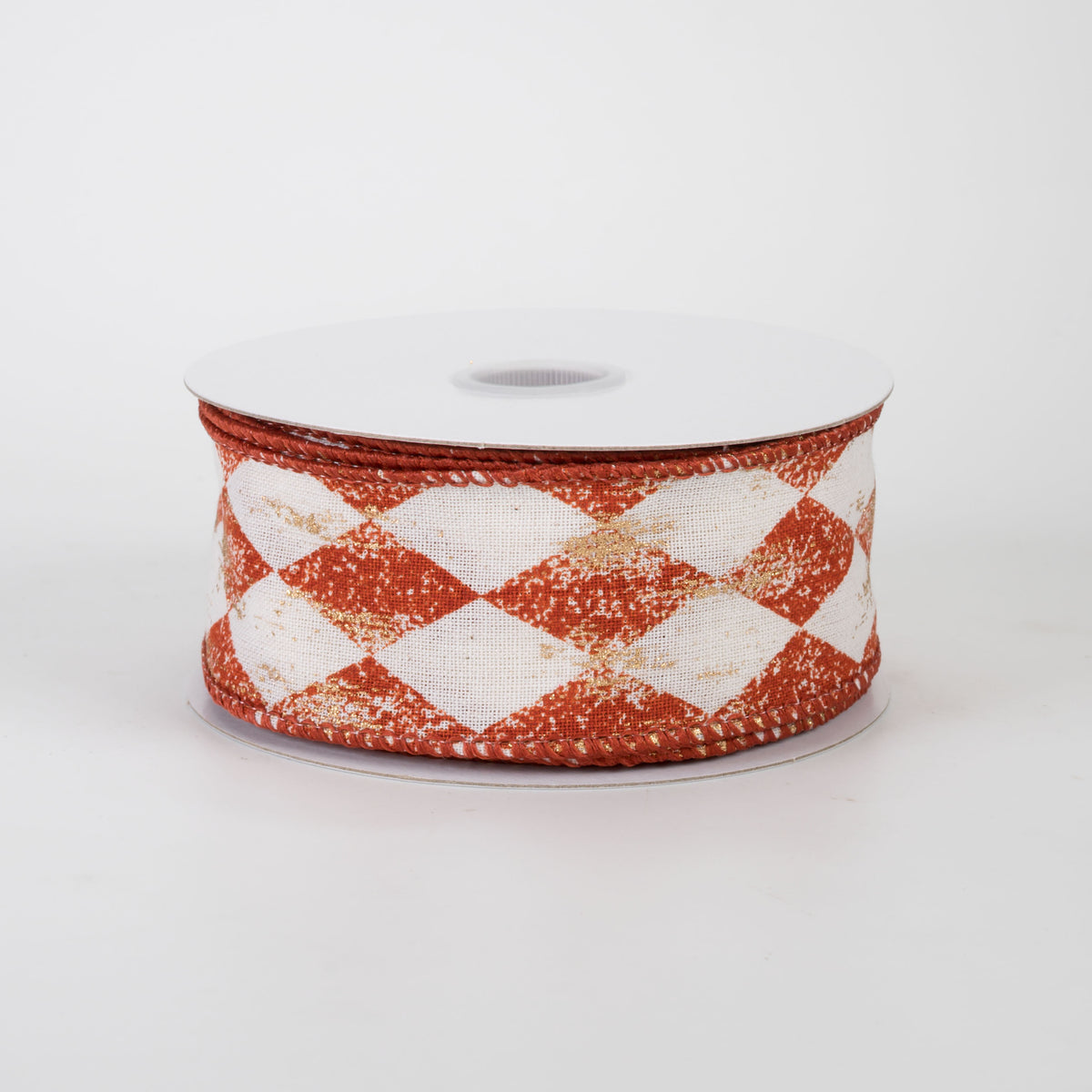 1.5" Canvas Harlequin Gold Painted Ribbon: Cream & Rust Orange (10 Yards)