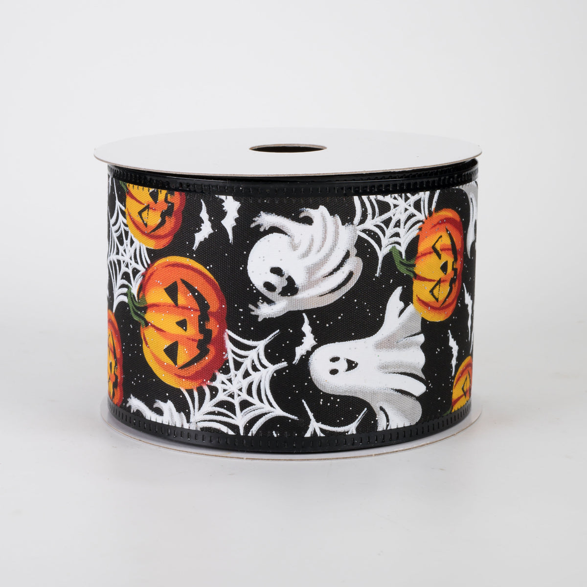 2.5" Glittered Ghosts & Pumpkins Ribbon: Black (10 Yards)