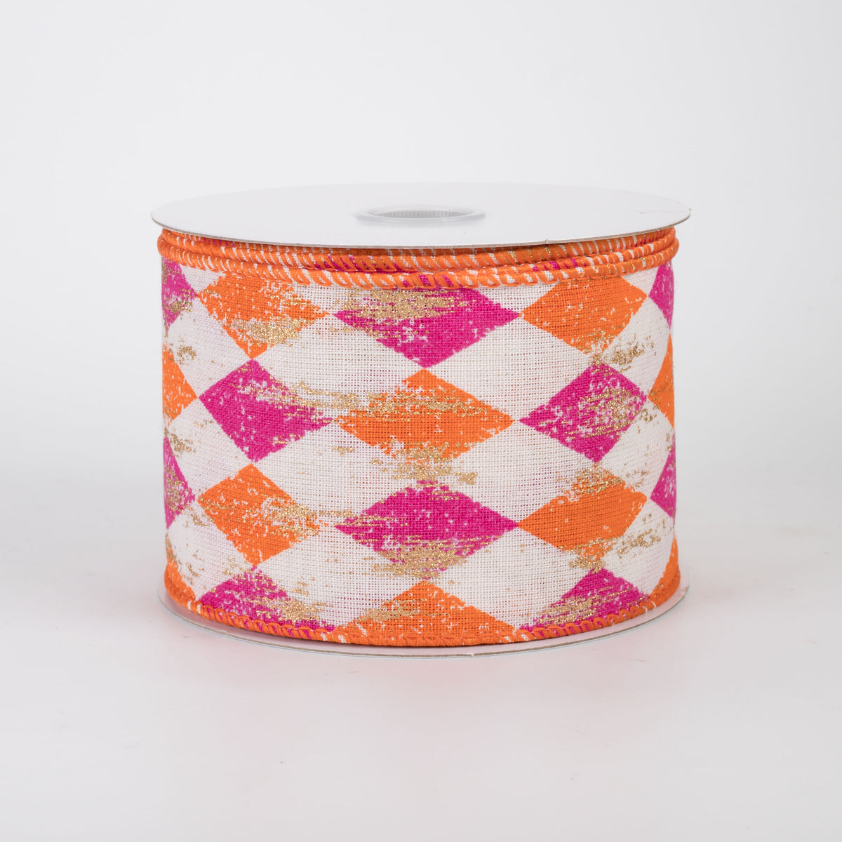 2.5" Canvas Harlequin Gold Painted Ribbon: Cream, Fuchsia & Orange (10 Yards)