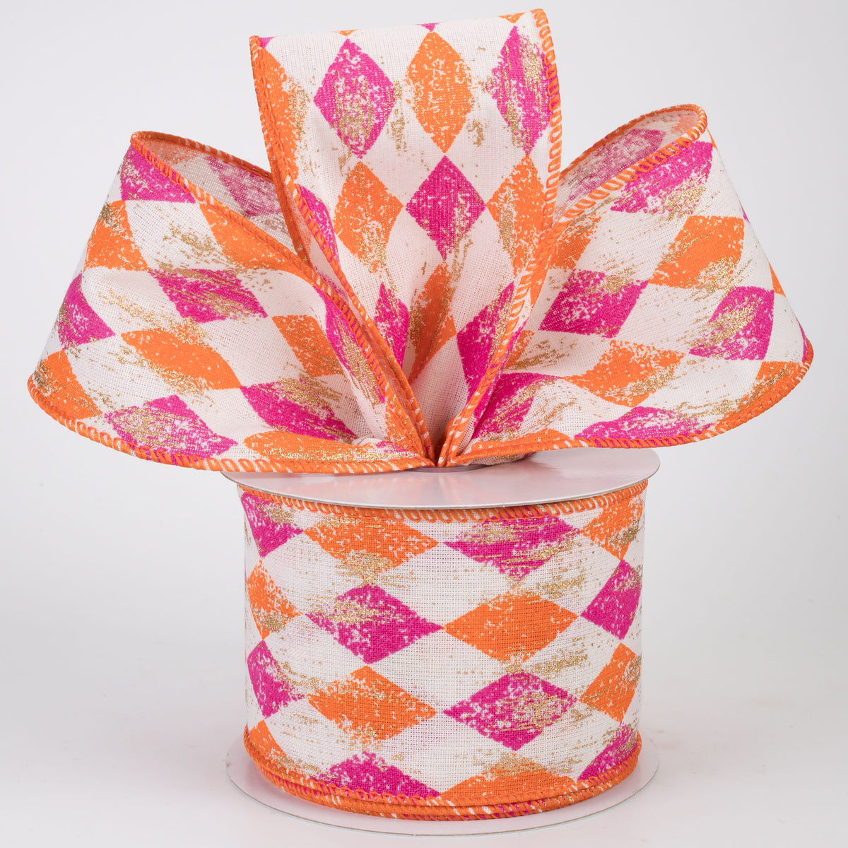 2.5" Canvas Harlequin Gold Painted Ribbon: Cream, Fuchsia & Orange (10 Yards)