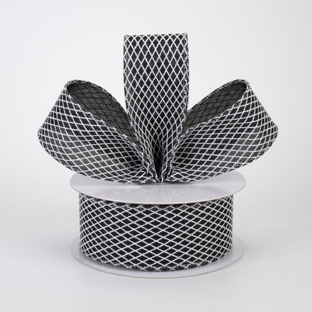 1.5" Mini Glitter Harlequin Ribbon: White on Black (10 Yards)