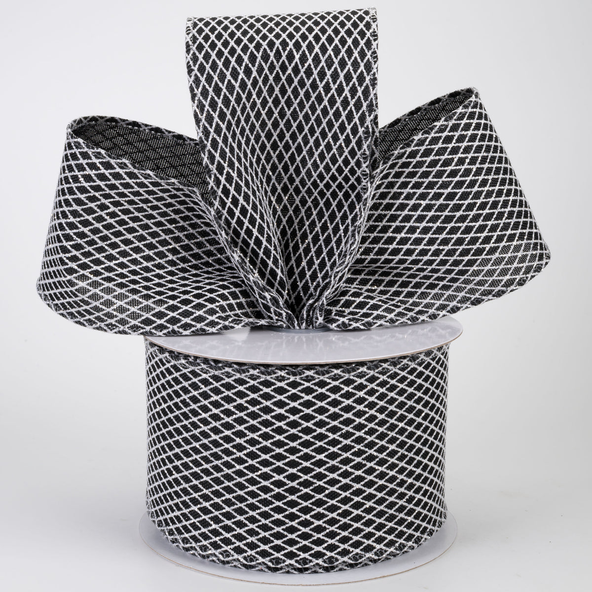 2.5" Mini Glitter Harlequin Ribbon: White on Black (10 Yards)