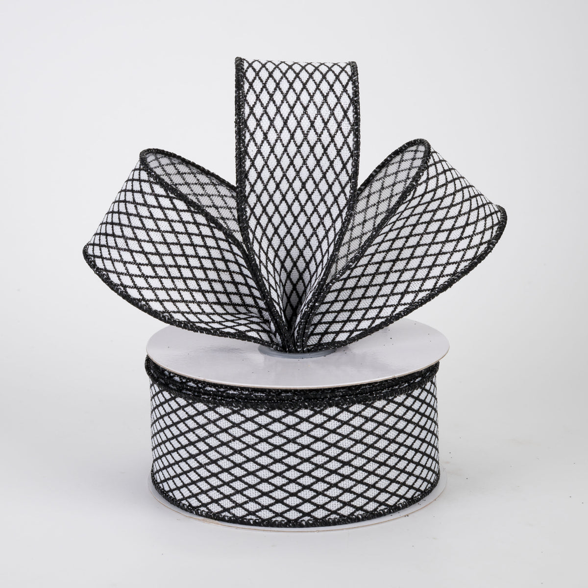 1.5" Mini Glitter Harlequin Ribbon: Black on White (10 Yards)