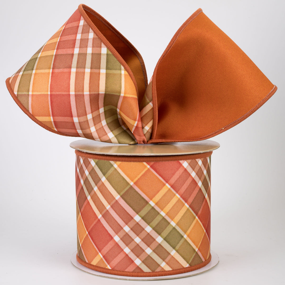 4" Double Sided Fused Fall Plaid Ribbon: Ivory, Rust & Moss (10 Yards)