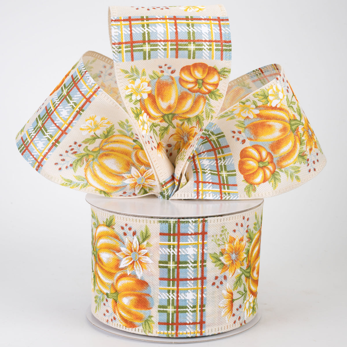 2.5" Blue & Orange Pumpkins & Plaid Ribbon: Ivory Linen (10 Yards)