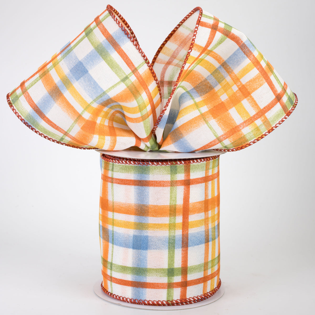 4" Linen Tuttola Plaid Ribbon: Blue Fall on Ivory (10 Yards)