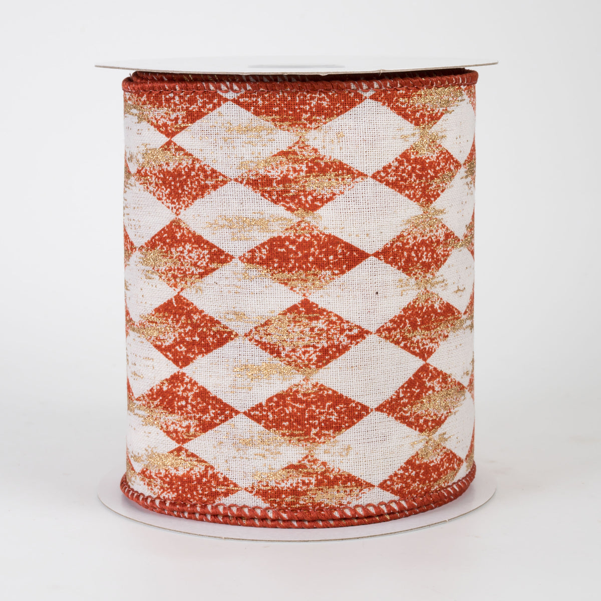 4" Canvas Harlequin Gold Painted Ribbon: Cream & Rust Orange (10 Yards)