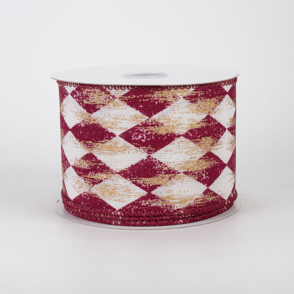 2.5" Canvas Harlequin Gold Painted Ribbon: Cream & Burgundy (10 Yards)