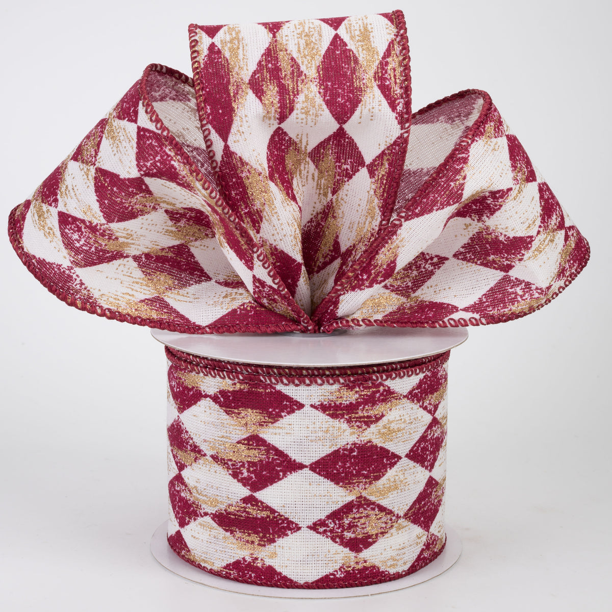 2.5" Canvas Harlequin Gold Painted Ribbon: Cream & Burgundy (10 Yards)