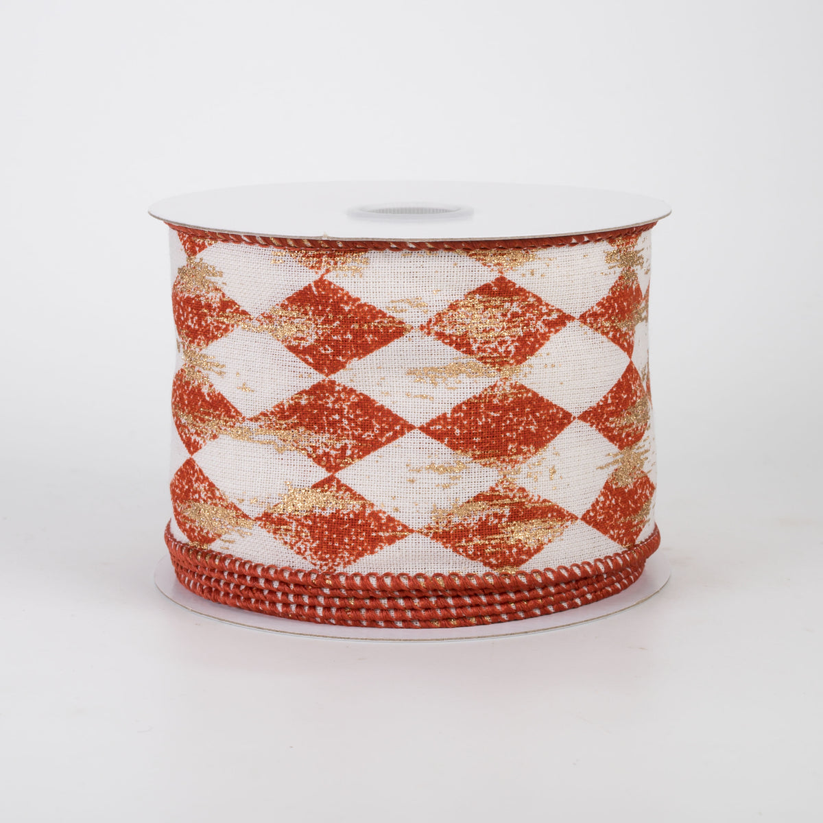 2.5" Canvas Harlequin Gold Painted Ribbon: Cream & Rust Orange (10 Yards)