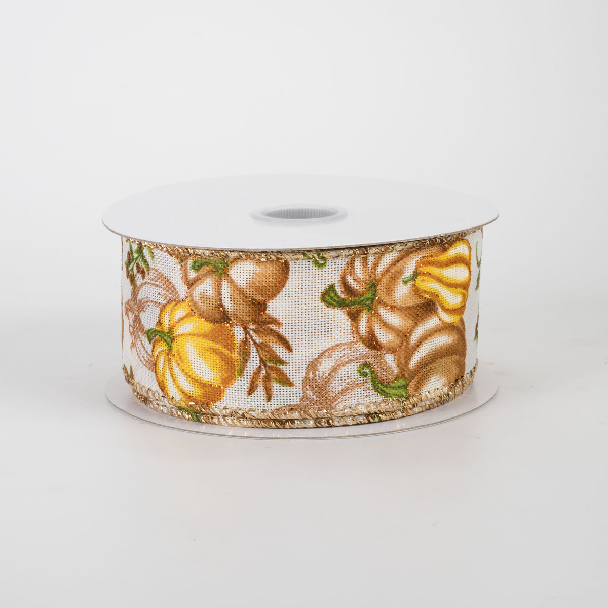 1.5" Yellow, Bronze & Gold Pumpkins Ribbon: Cream Linen (10 Yards)