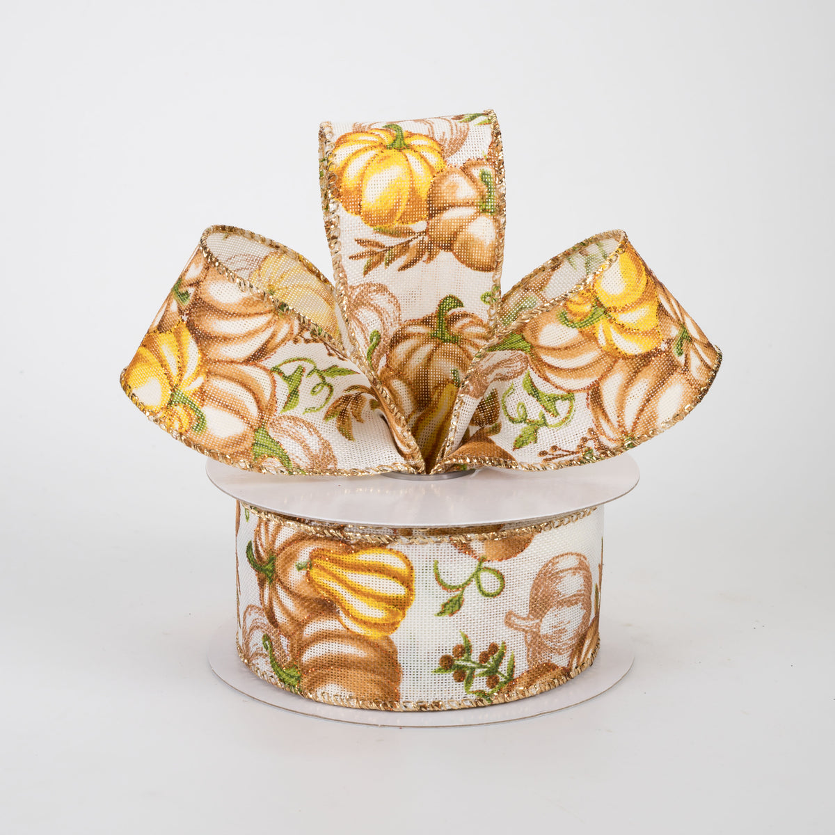 1.5" Yellow, Bronze & Gold Pumpkins Ribbon: Cream Linen (10 Yards)