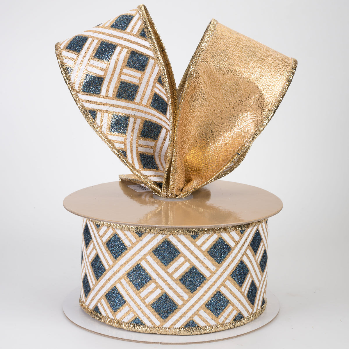 2.5" Double Sided Fused Metallic Basketweave Ribbon: Smoke Blue & Gold (10 Yards)