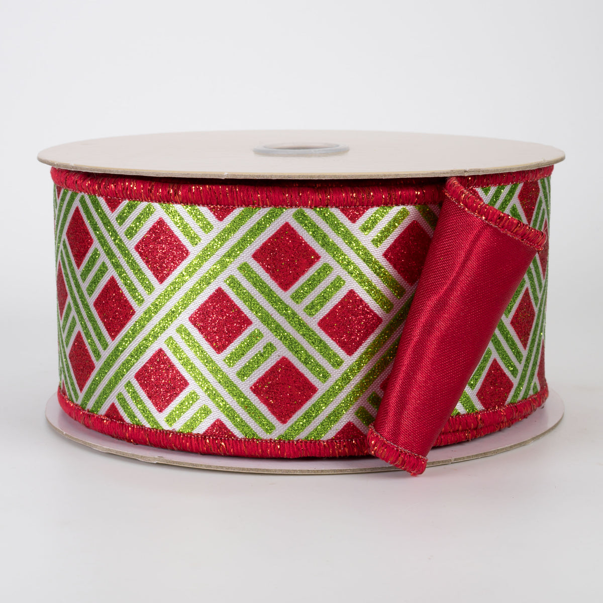 2.5" Double Sided Fused Metallic Basketweave Ribbon: Lime Green & Red (10 Yards)