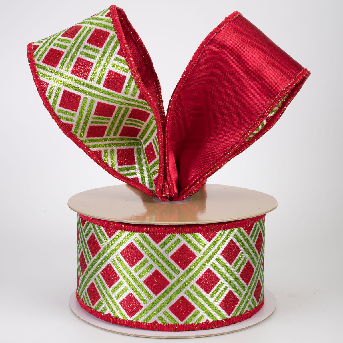 2.5" Double Sided Fused Metallic Basketweave Ribbon: Lime Green & Red (10 Yards)