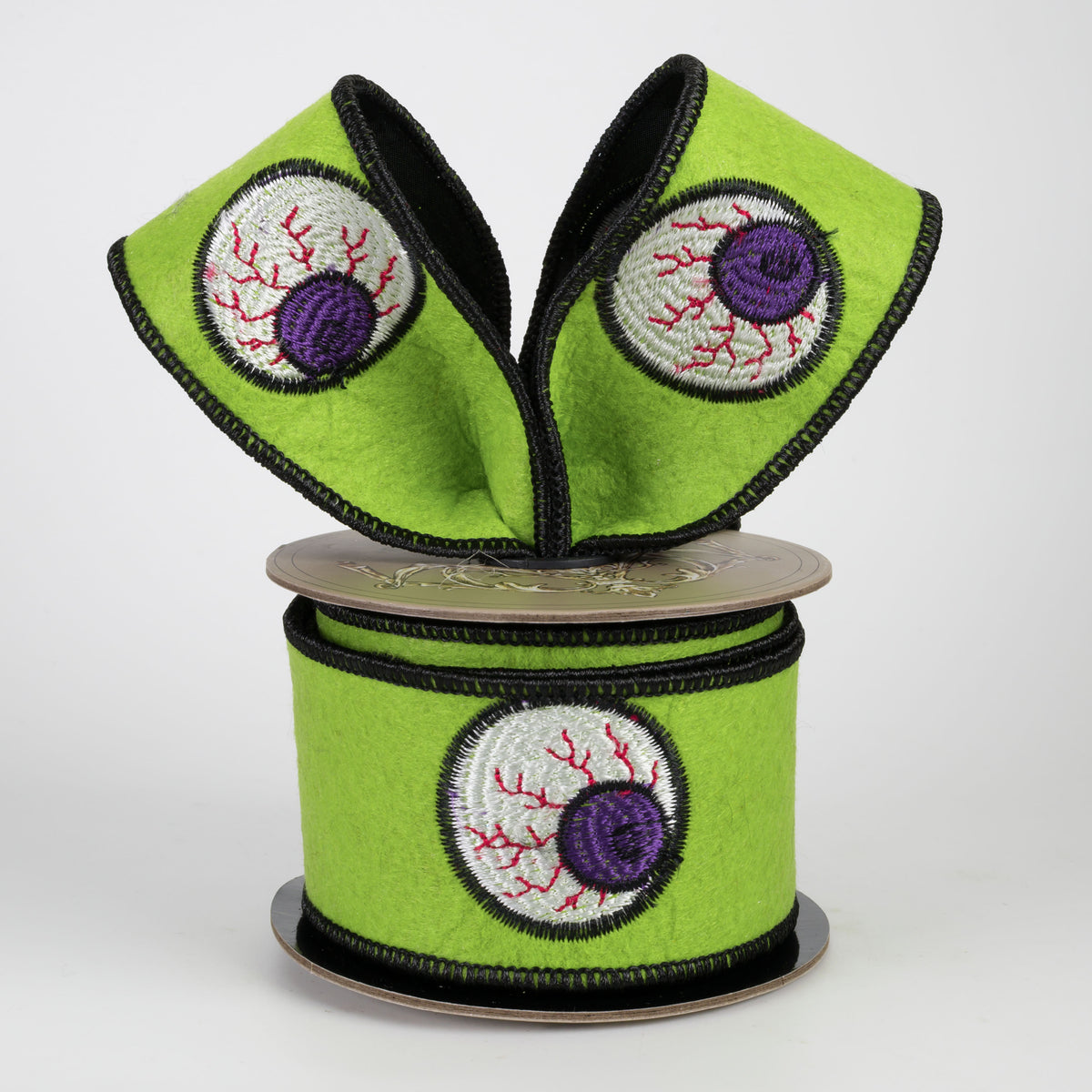 [D Stevens] 2" Felt Halloween Embroidered Eyeball Ribbon: Lime Green (5 Yards)