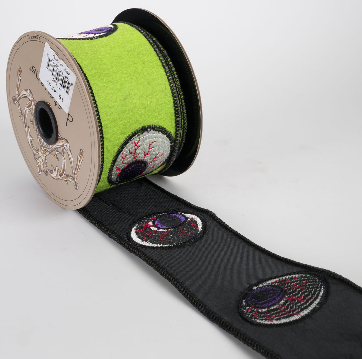 [D Stevens] 2" Felt Halloween Embroidered Eyeball Ribbon: Lime Green (5 Yards)