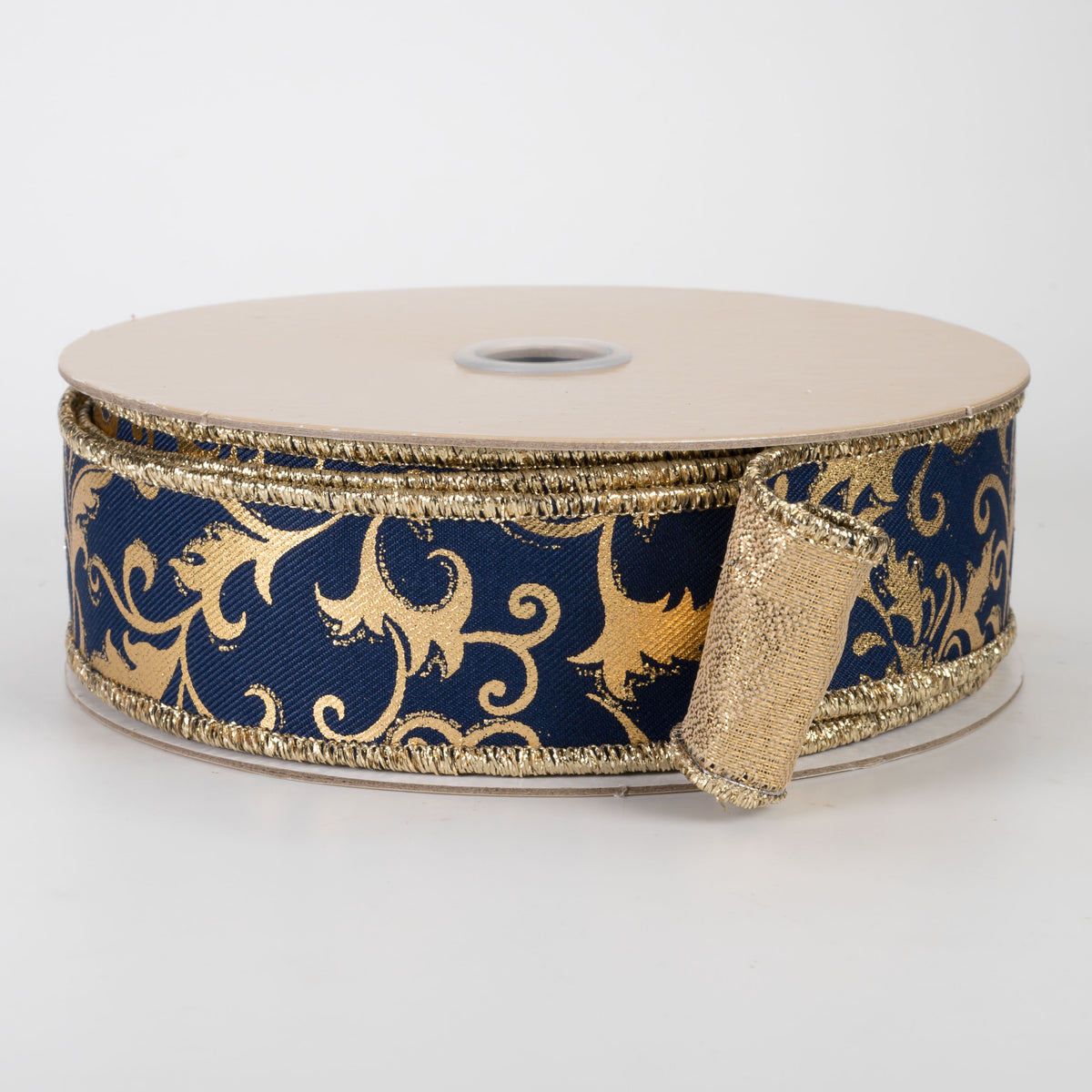 1.5" Double Sided Fused Metallic Swirl Leaf Ribbon: Navy & Gold (10 Yards)
