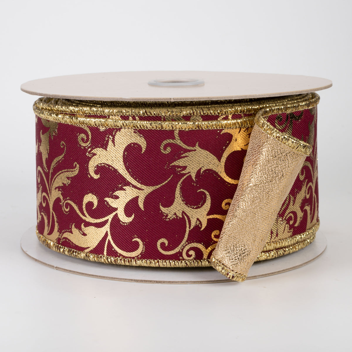 2.5" Double Sided Fused Metallic Swirl Leaf Ribbon: Wine & Gold (10 Yards)