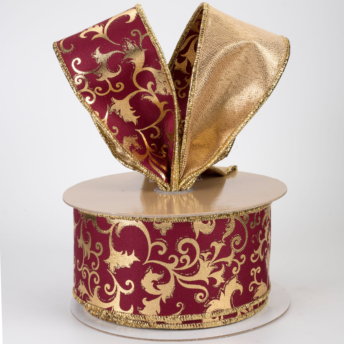 2.5" Double Sided Fused Metallic Swirl Leaf Ribbon: Wine & Gold (10 Yards)