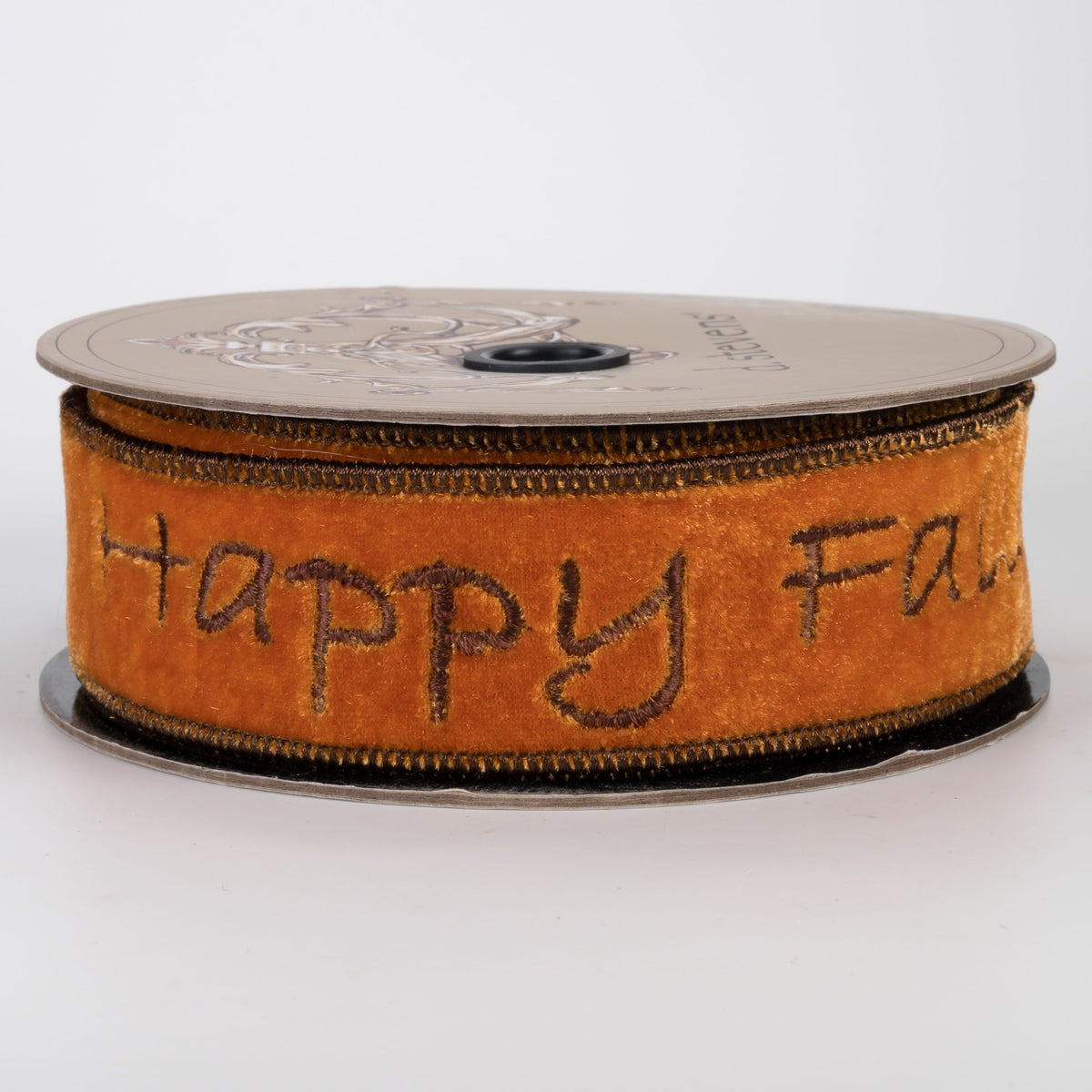 [D Stevens] 1.5" Velvet Embroidered Happy Fall Y'all Ribbon: Orange (10 Yards)