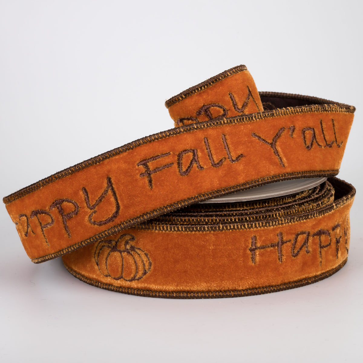[D Stevens] 1.5" Velvet Embroidered Happy Fall Y'all Ribbon: Orange (10 Yards)