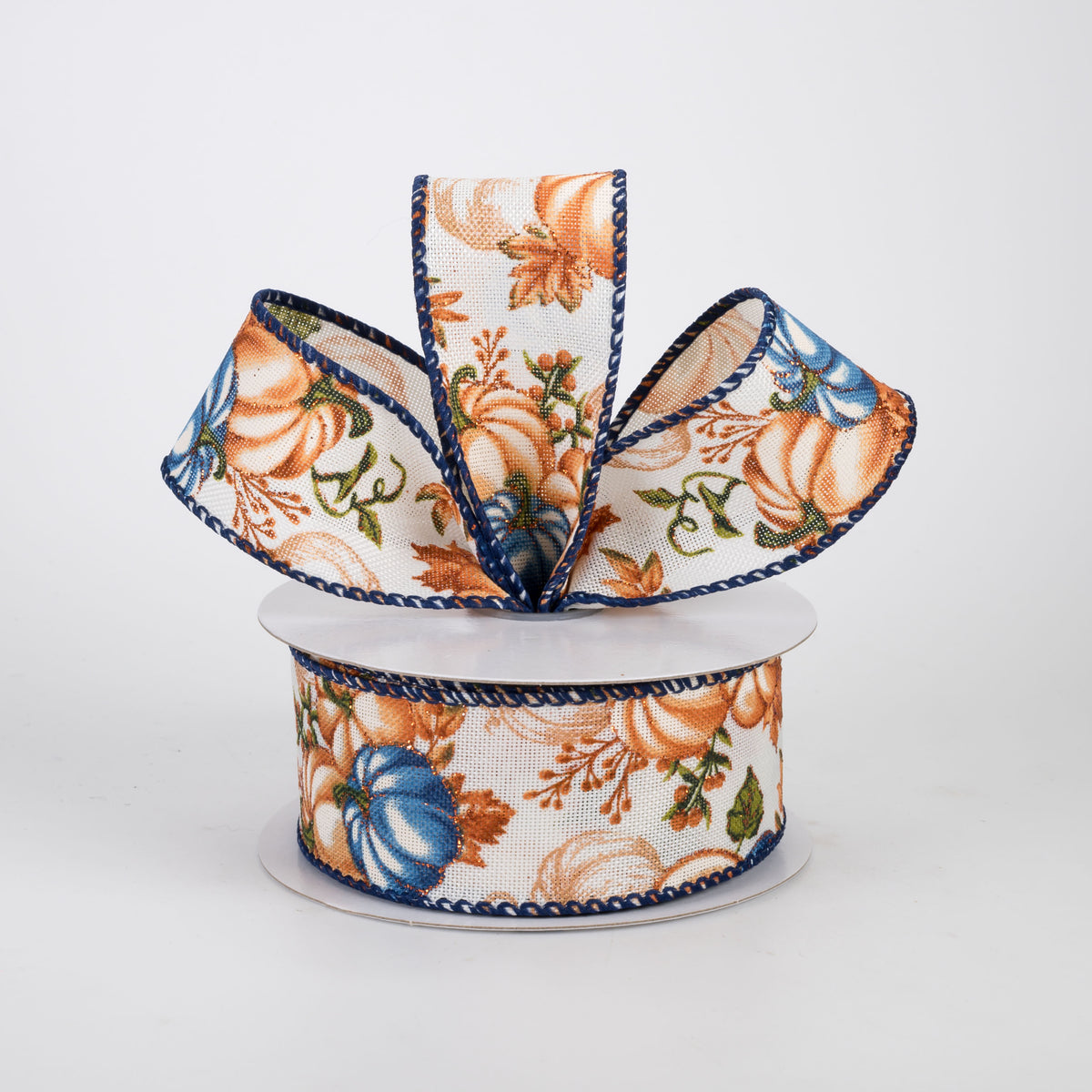 1.5" Rust, Blue & Gold Pumpkins Ribbon: Cream Linen (10 Yards)
