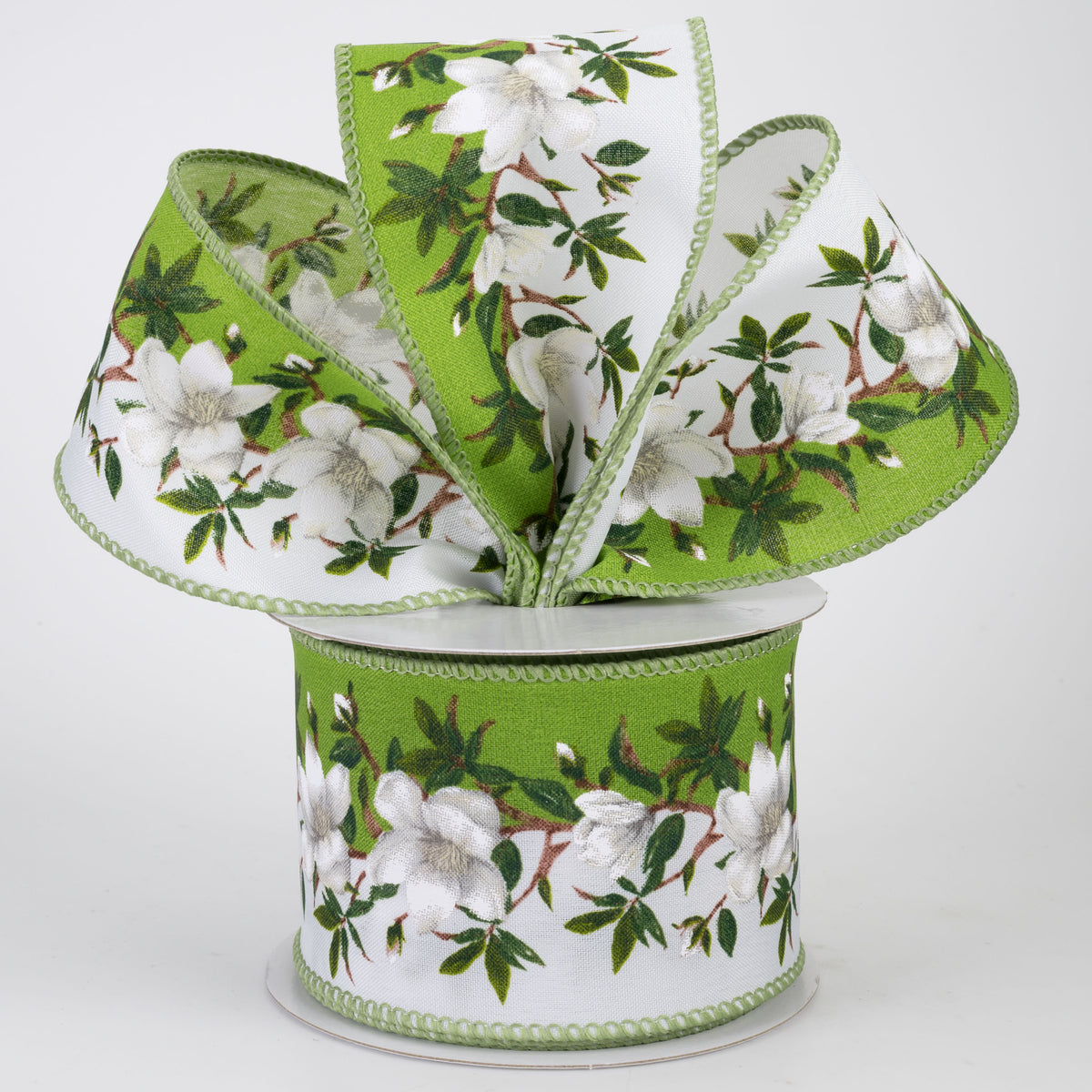2.5" Dual Magnolia Flowers Ribbon: White & Kiwi Green (10 Yards)