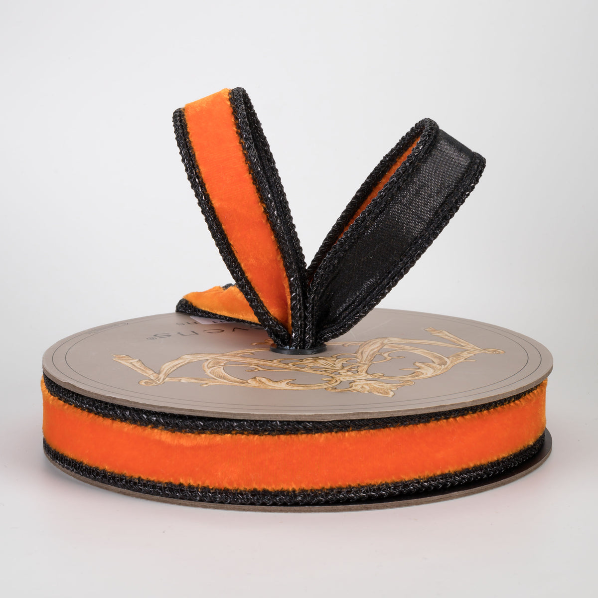 [D Stevens] 1" Velvet Black Braid Edge Ribbon: Orange (10 Yards)